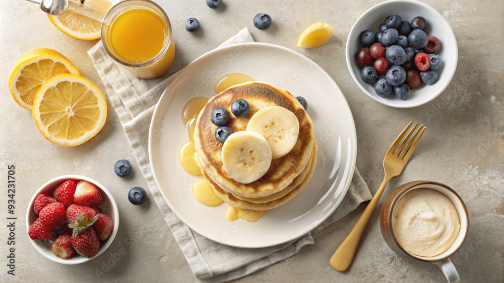 A flat lay of a delicious breakfast with pancakes, syrup, and fresh fruit A flat lay of a delicious breakfast with pancakes, syrup, and fresh fruit