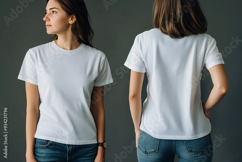 A woman wears a plain white t-shirt, front and back, for a t-shirt design mock up