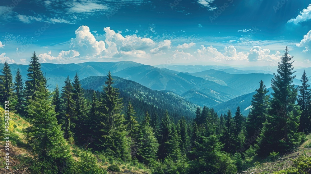 Magnificent panoramic view the coniferous forest on the mighty Carpathians Mountains and beautiful blue sky background. Beauty of wild virgin Ukrainian nature. Peacefulness , ai Magnificent panoramic view the coniferous forest on the mighty Carpathians Mountains and beautiful blue sky background. Beauty of wild virgin Ukrainian nature. Peacefulness , ai