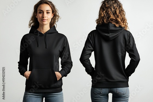 A woman wears a plain black hoodie, front and back, for a t-shirt design mock up