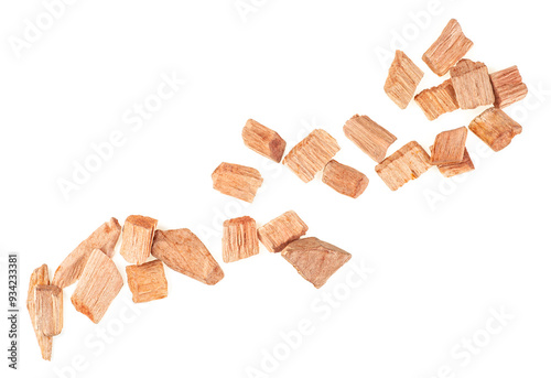 Chips for smoking meat and fish isolated on a white background, top view. Mixed wooden chips. photo