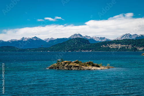 Patagonia Landscape. Blue water ,green forest, mountains