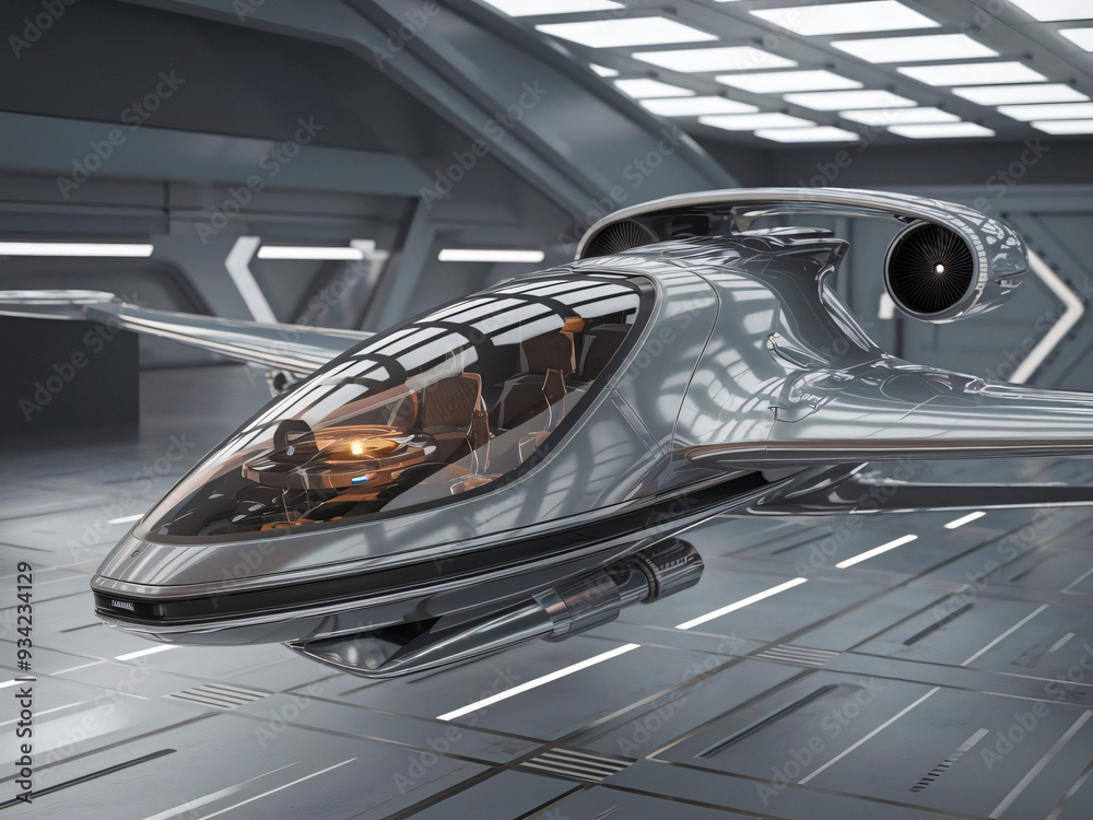 Fototapeta premium Futuristic Hover Vehicle in High-Tech Hangar