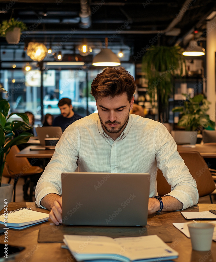 Entrepreneur working late in a co-working space – A young man in casual business attire, deeply focused on his laptop in a trendy, dimly lit co-working space Entrepreneur working late in a co-working space – A young man in casual business attire, deeply focused on his laptop in a trendy, dimly lit co-working space