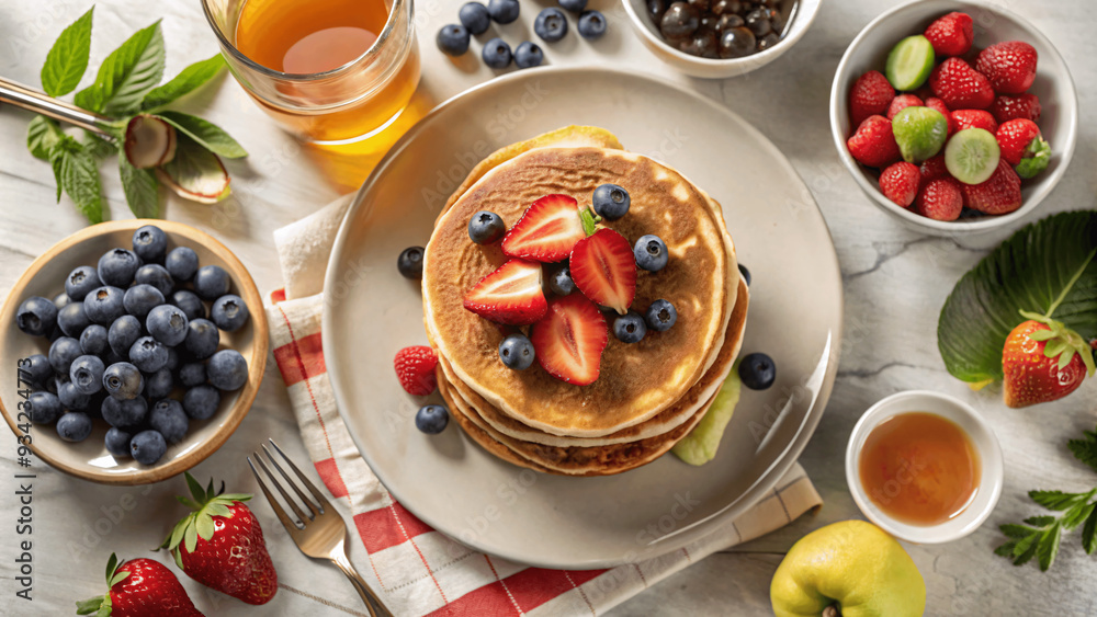 A flat lay of a delicious breakfast with pancakes, syrup, and fresh fruit A flat lay of a delicious breakfast with pancakes, syrup, and fresh fruit