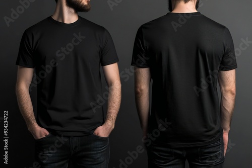 A man wears a plain black t-shirt, front and back, for a t-shirt design mock up