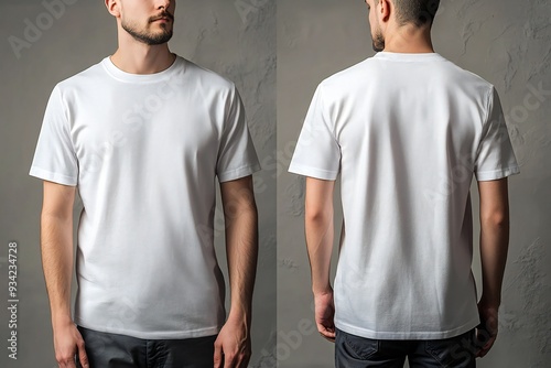 A man wears a plain white t-shirt, front and back, for a t-shirt design mock up