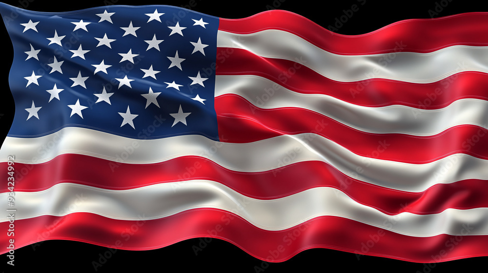 Obraz premium The image shows an American flag waving in the wind, symbolizing patriotism, national pride, and the spirit of freedom. It can be used for celebrations, events,...