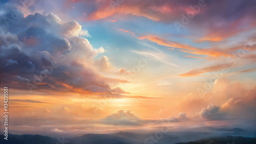 Dramatic sunset clouds over rolling hills with soft light and vibrant colors . Sky with clouds