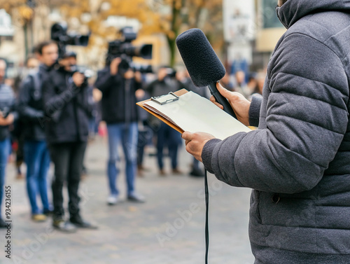 Journalist interviewing a political figure, holding a microphone, notepad in hand, outdoor press conference setting, crowd and camera crews in the background, late afternoon photo