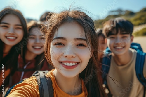 We couldnt be happier that this day has come. Cropped shot of a group of students taking a selfie together, Generative AI photo