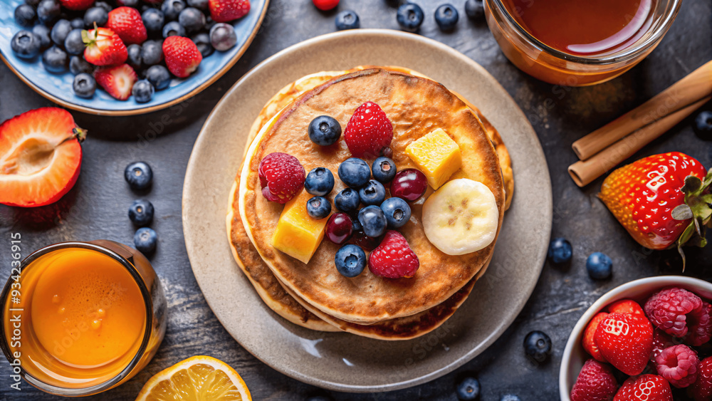 A flat lay of a delicious breakfast with pancakes, syrup, and fresh fruit A flat lay of a delicious breakfast with pancakes, syrup, and fresh fruit