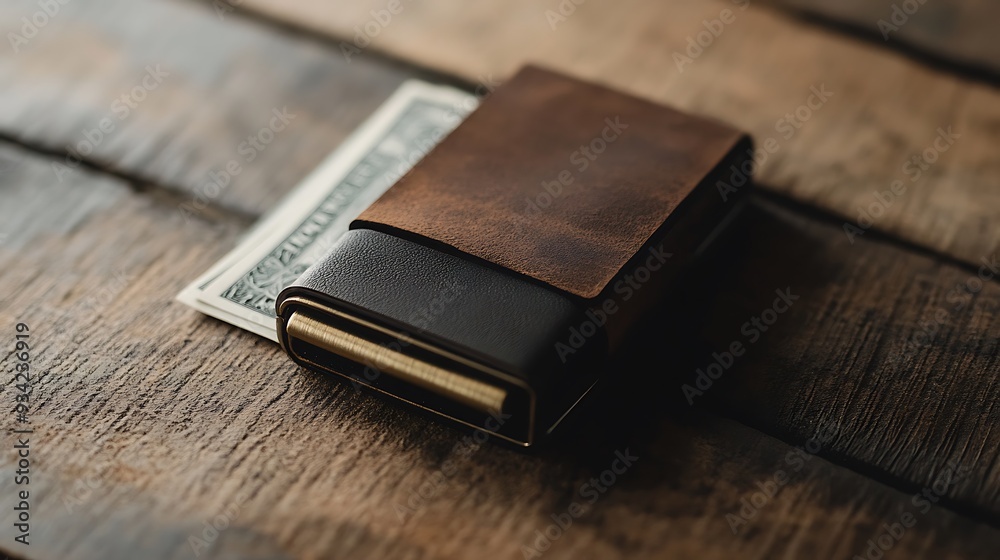 A minimalist wallet with a money clip, displayed with a few bills and cards A minimalist wallet with a money clip, displayed with a few bills and cards