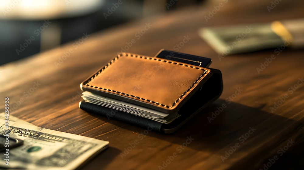 A minimalist wallet with a money clip, displayed with a few bills and cards A minimalist wallet with a money clip, displayed with a few bills and cards