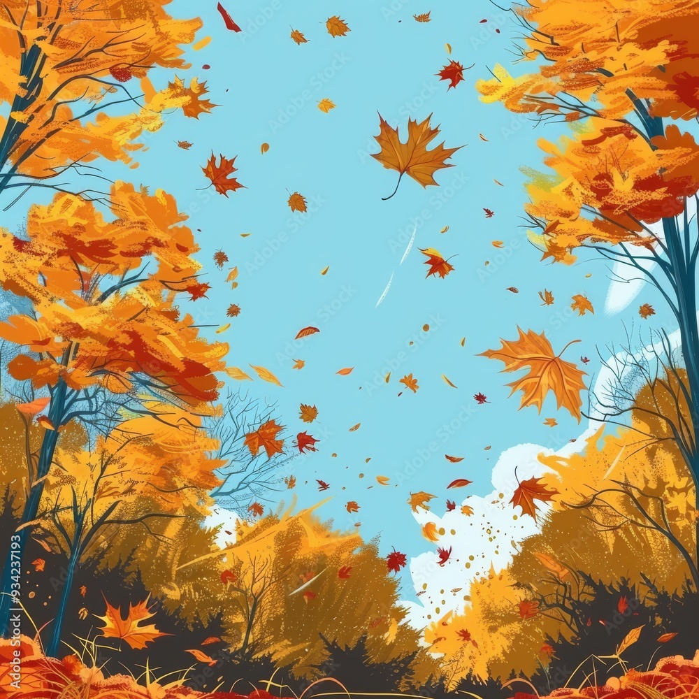 Vibrant autumn forest with falling leaves and a clear blue sky minimalistic style illustration background Vibrant autumn forest with falling leaves and a clear blue sky minimalistic style illustration background