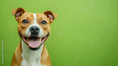 un fondo verde liso con espacio para copiar con el acercamiento de la cara de un perro divertido sonriente y jugueton amigo fiel y leal 