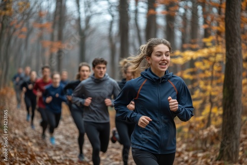 Small group of people running in woods, Generative AI