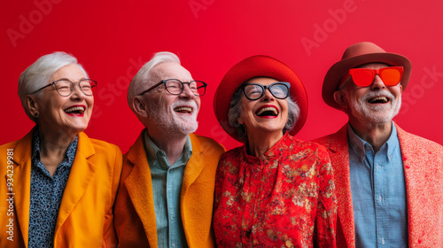 Vibrant senior citizens having fun against a red background, Generative AI