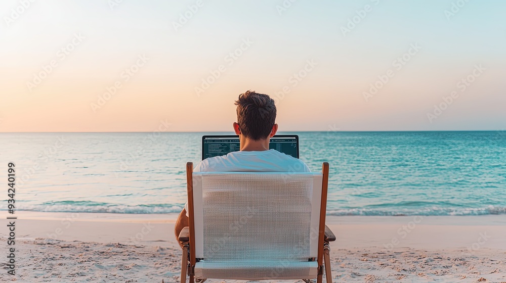 Fototapeta premium Digital nomad on a virtual conference call from a serene beach, high-tech laptop, seamless work environment, remote work trends, tech-enabled lifestyle