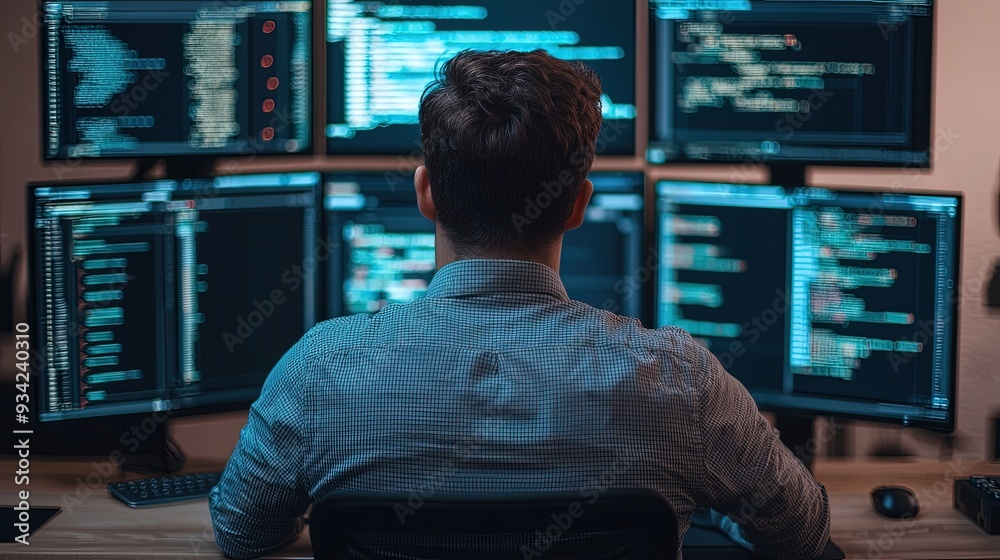 Remote worker multitasking with AI tools on multiple devices, futuristic interface, hyper-efficiency in tech-driven workspace, remote work efficiency Remote worker multitasking with AI tools on multiple devices, futuristic interface, hyper-efficiency in tech-driven workspace, remote work efficiency