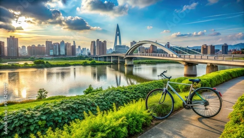 Scenic riverbank view of a road bike parked beside Chengmei Changshou Bridge on Taipei Riverside Bikeways, surrounded by lush greenery and urban skyline. photo