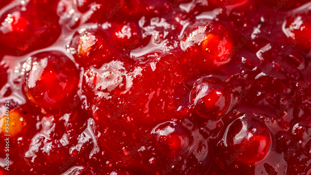 Close-up of red berry jam or preserve with a glossy texture, perfect for food and dessert themes. Close-up of red berry jam or preserve with a glossy texture, perfect for food and dessert themes.