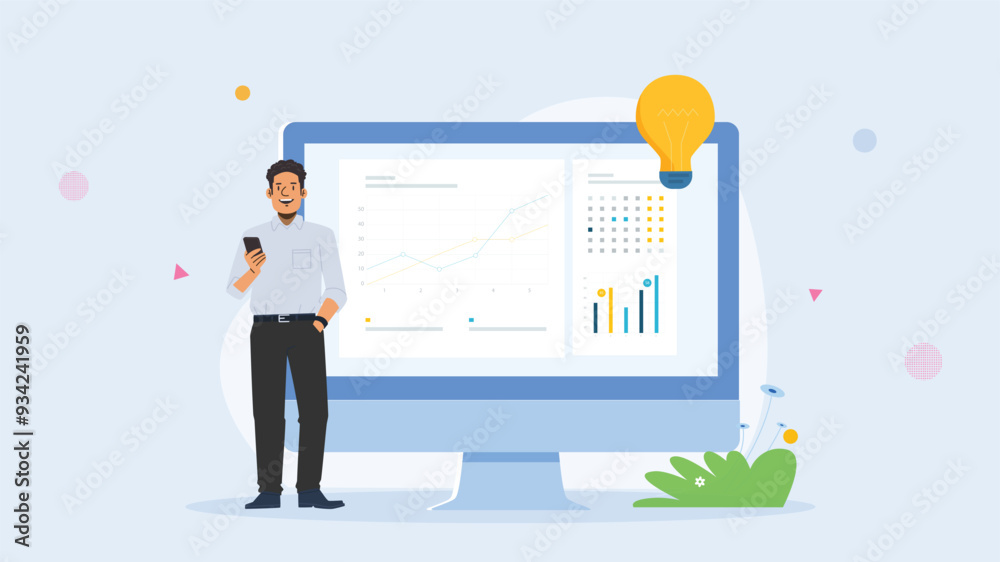 Illustration of a businessman standing beside a large computer screen displaying charts and graphs, symbolizing data analysis, business intelligence, and strategic planning. Illustration of a businessman standing beside a large computer screen displaying charts and graphs, symbolizing data analysis, business intelligence, and strategic planning.