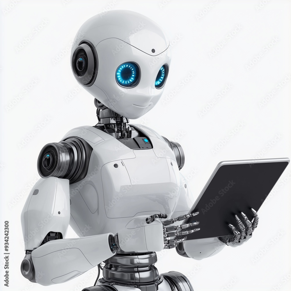 A robot holding an iPad white background blue eyes doing computer work with the tablet in its hand. The robot is looking at the screen of a laptop and writing something on it. A robot holding an iPad white background blue eyes doing computer work with the tablet in its hand. The robot is looking at the screen of a laptop and writing something on it.
