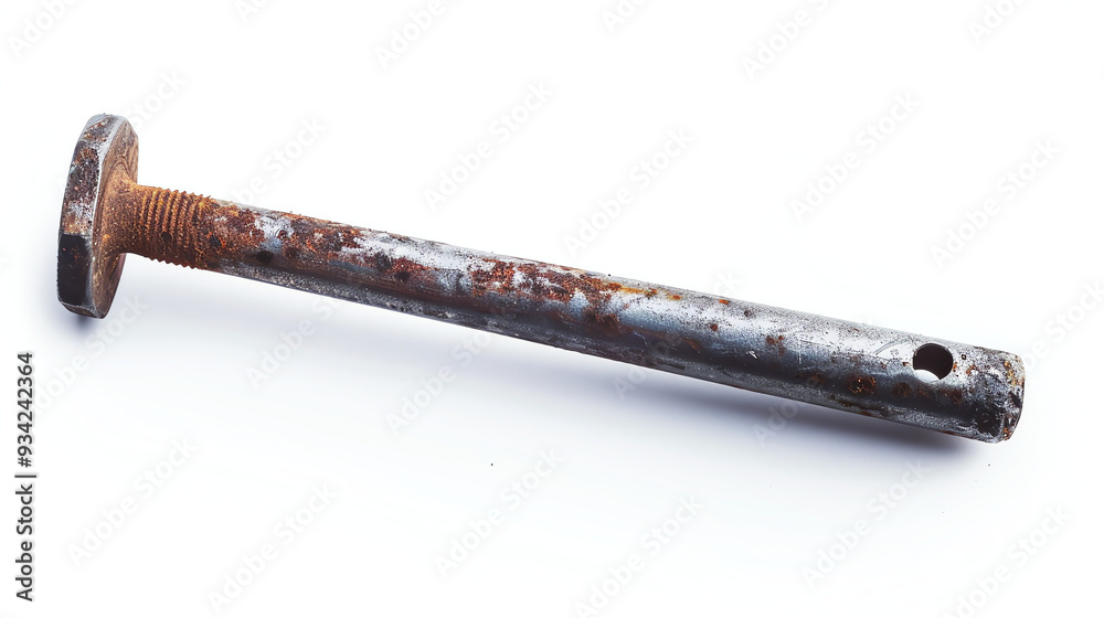 A rusty metal rod with a nut on one end and a hole. A rusty metal rod with a nut on one end and a hole.