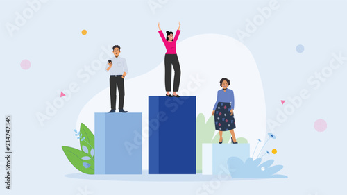 Illustration depicting three individuals standing on podiums of different heights, symbolizing competition, success, and ranking. The person in the middle is celebrating victory