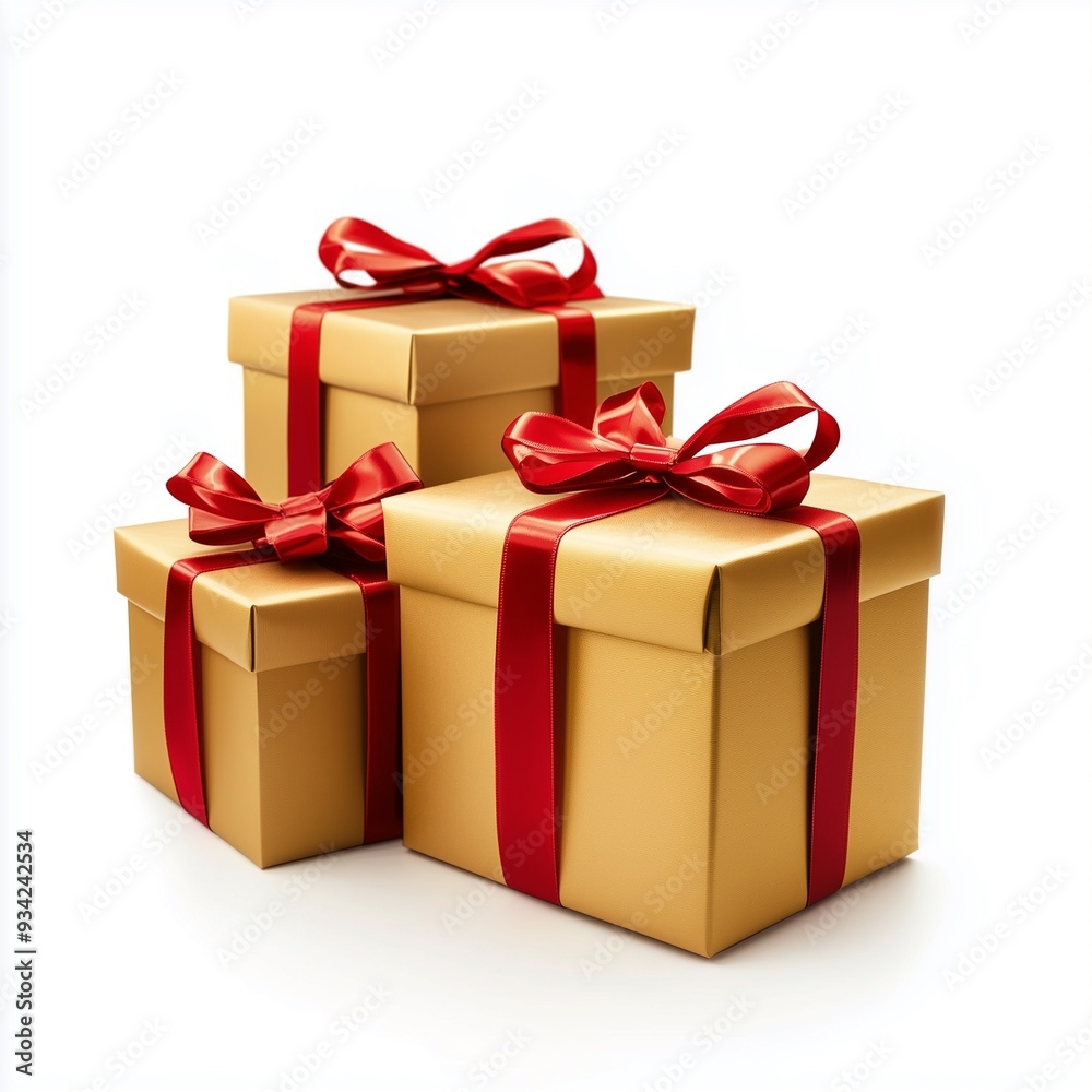 Fototapeta premium Three golden gift boxes with red ribbons isolated on a white background front view