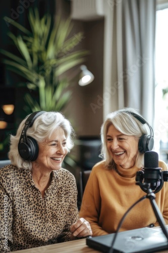 Two women are sitting at a table with microphones and a laptop