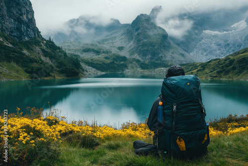 Landscape With Lake And Mountanes And Traveling Backpack In The Bottom Of The Picture photo