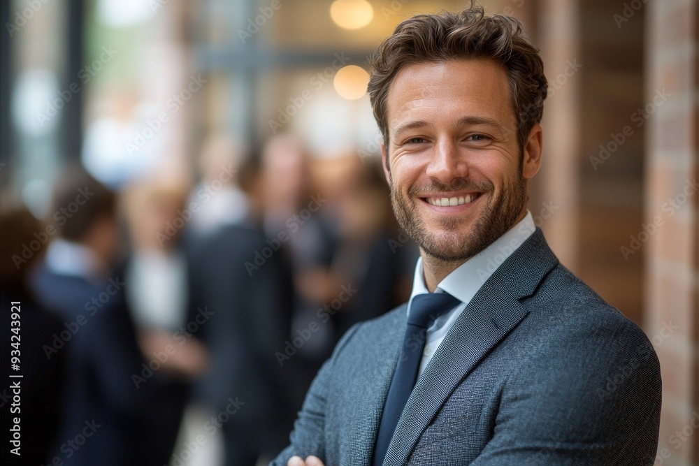Homme d'affaires souriant en costume devant un groupe, Generative AI Homme d'affaires souriant en costume devant un groupe, Generative AI