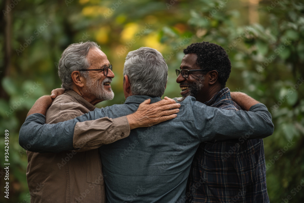 Group of senior friends arms around each other, Generative AI Group of senior friends arms around each other, Generative AI