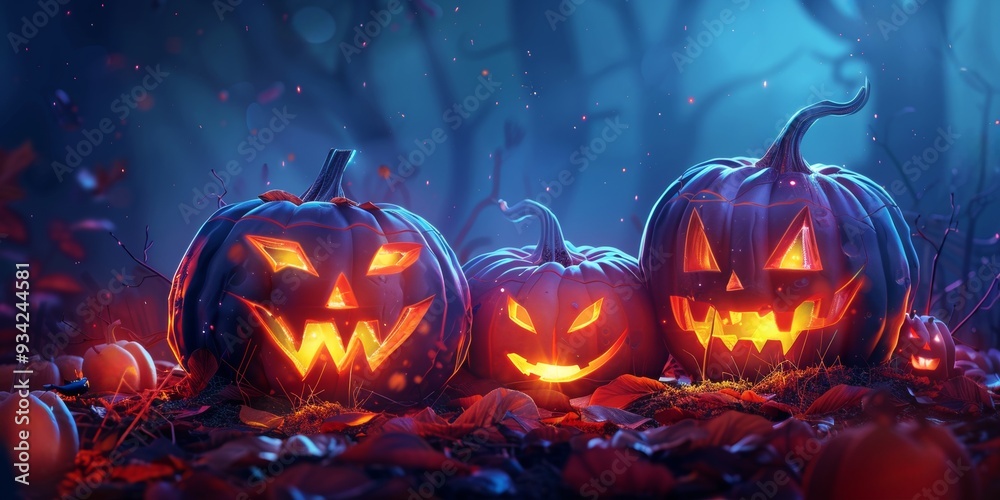 Halloween scene with jack-o'-lanterns, candle inside, pumpkins a dark background with trees and bats Halloween scene with jack-o'-lanterns, candle inside, pumpkins a dark background with trees and bats
