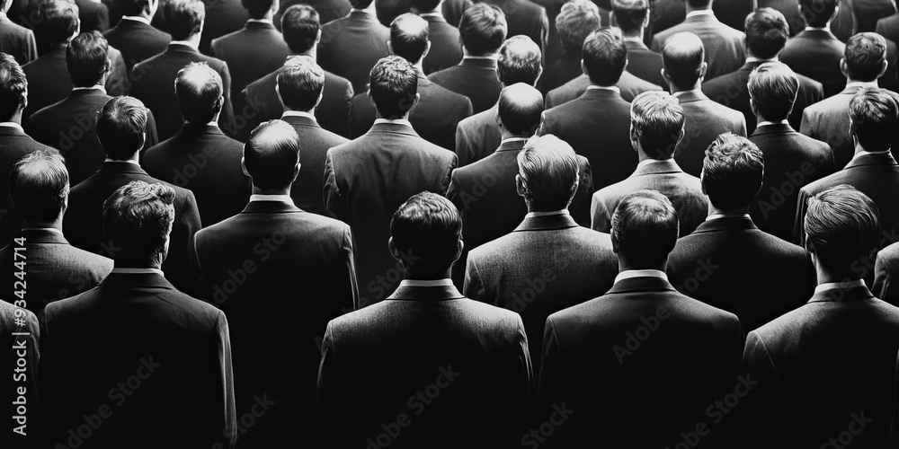 Obraz premium A black and white photo of a large group of people, all wearing suits, from the back, Generative AI