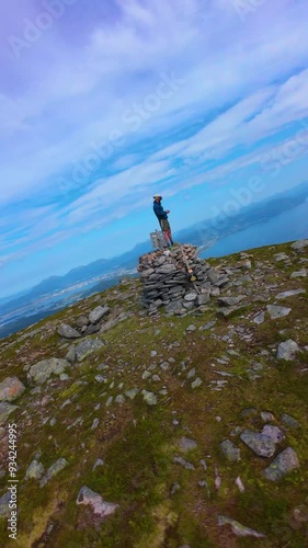 Drone flying like a bird in the Norwegian mountains in summer.