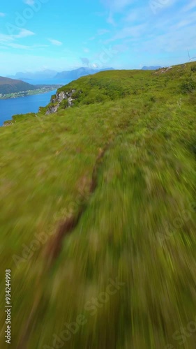 Drone flying like a bird in the Norwegian mountains in summer.