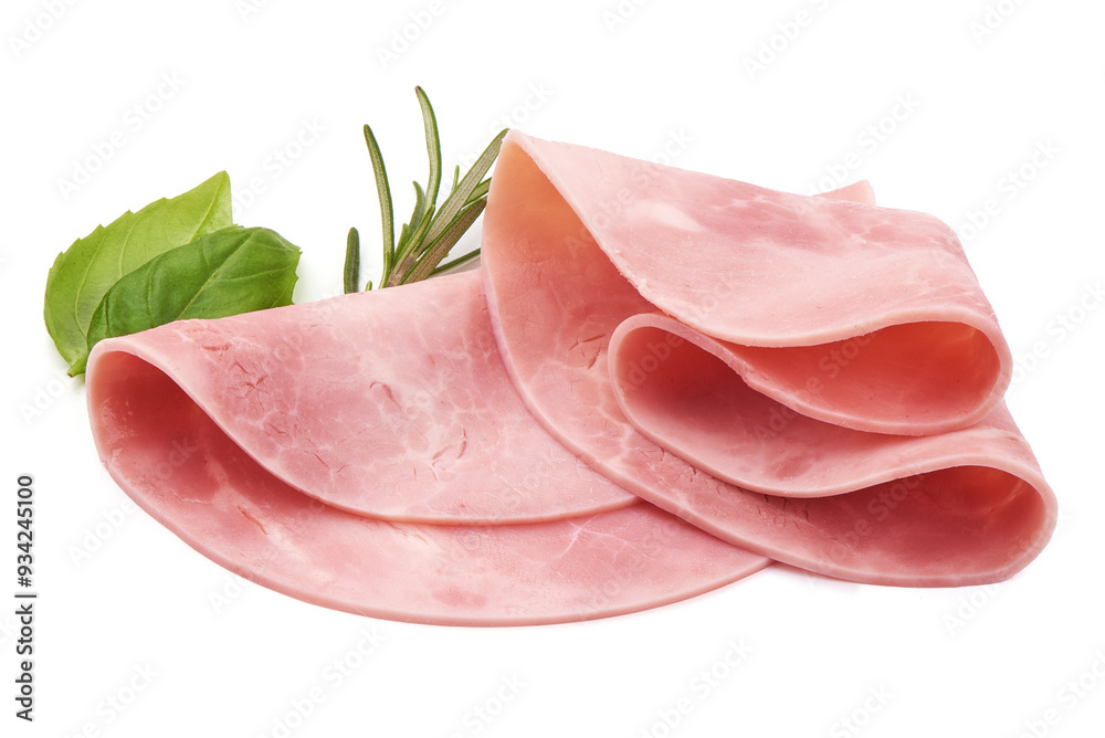 Sliced boiled ham sausage, isolated on white background. Sliced boiled ham sausage, isolated on white background.