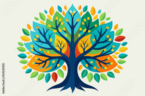 A vibrant and colorful vector illustration of the Tree of life, a colorful tree with roots with a dark trunk and branches spreading into a wide canopy filled with stylized leaves in shades of green