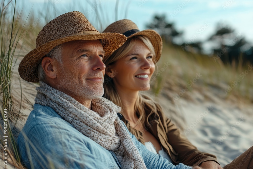 happy mature couple relaxing baltic sea dunes, Generative AI happy mature couple relaxing baltic sea dunes, Generative AI