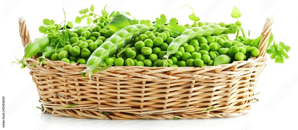 Sweet Green Peas In Wicker Basket Isolated On White Sweet Green Peas In Wicker Basket Isolated On White