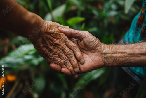 young man holding the hand of an old woman, Generative AI