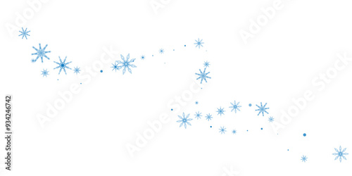 Snowflakes. Snow, snowfall. Falling scattered blue snowflakes on a white background.