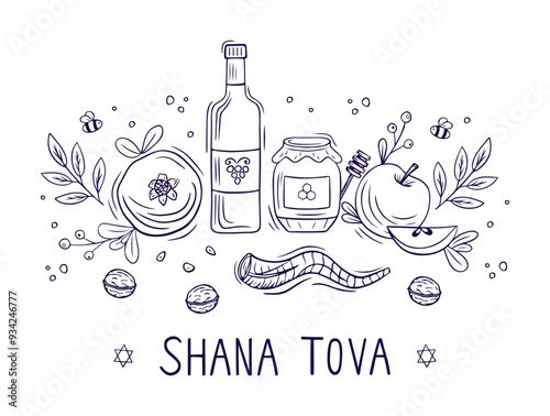 Rosh Hashanah card design with apple, honey, pomegranate and nuts on a white background in doodle style. Jewish holiday Rosh Hashana. Vector illustration