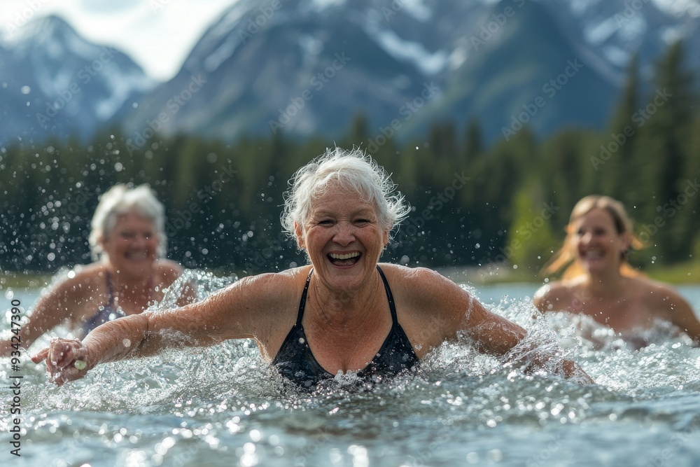 Vital seniors splashing in the lake, Generative AI Vital seniors splashing in the lake, Generative AI