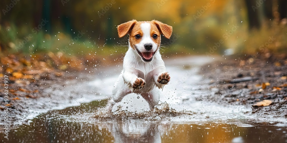 excited puppy jumping in puddle excited puppy jumping in puddle