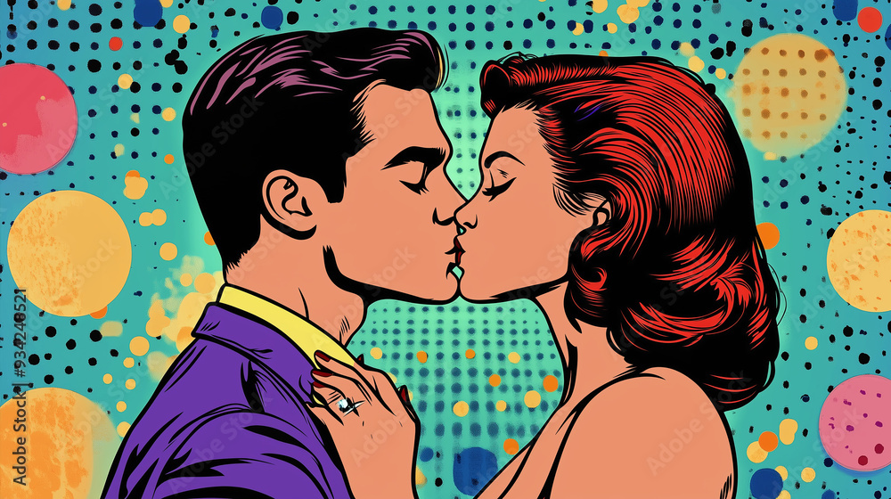 A vibrant pop art illustration of a couple kissing, featuring bold colors, thick lines, and graphic patterns typical of the 1960s pop art movement. A vibrant pop art illustration of a couple kissing, featuring bold colors, thick lines, and graphic patterns typical of the 1960s pop art movement.