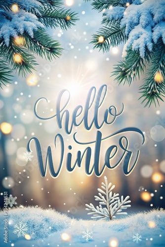 Happy Winter background. Hello Winter season. Cartoon illustration Template for Poster, Banner, Greeting, Card, Flyer, Cover, Sale, Promotion. Snowfall, Snowy weather. welcome winter design.